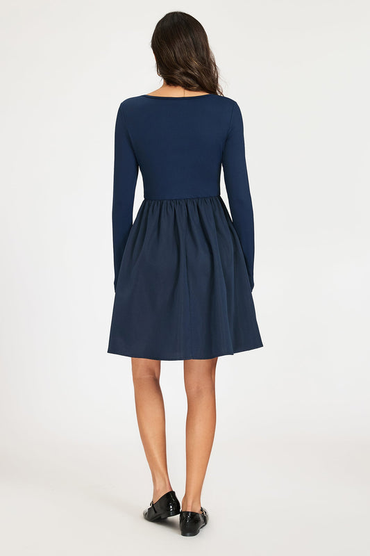 Square Neck Button-Front Long Sleeve Mini Dress In Navy