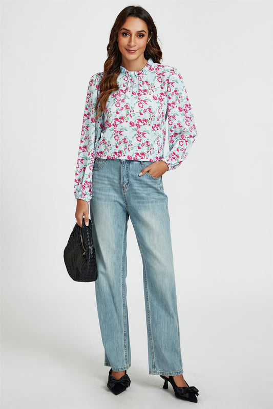 Floral Print Frill Detail High Neck Top In Blue & Pink