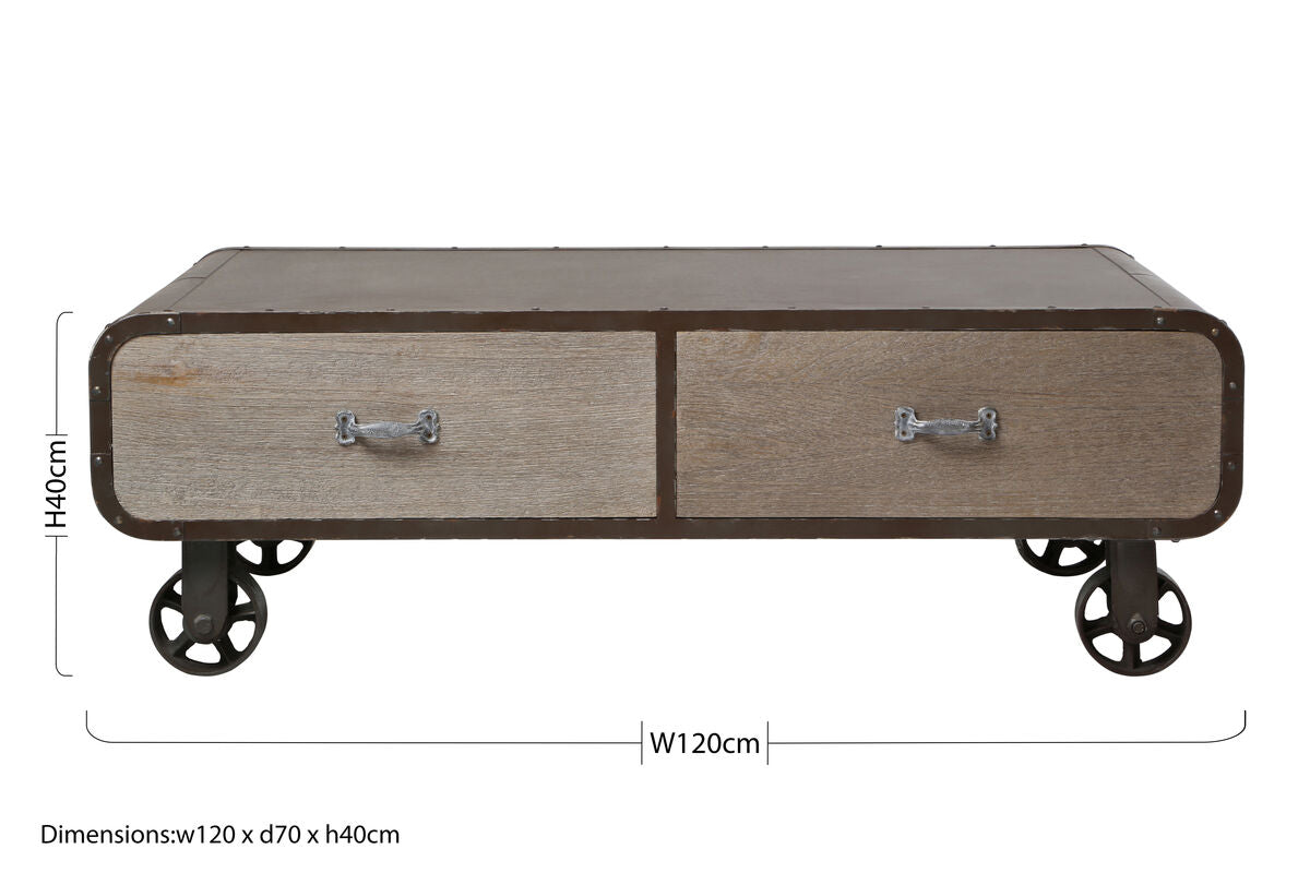 Natural Grain Finish Coffee Table with 2 Storage Drawers and 4 Wheels | Village Loft