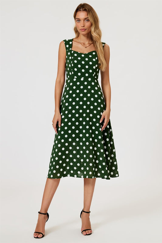 Polka Dot Print Heart Neck Midi Green