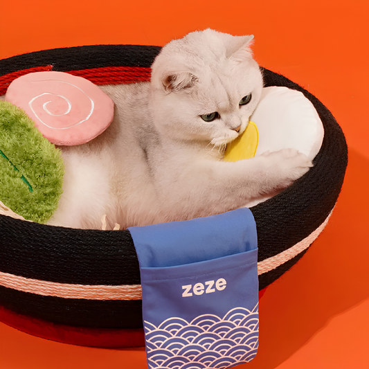 zeze Big Ramen Bowl Cat Scratcher — 48 cm Rope Bowl with Plush Toppings