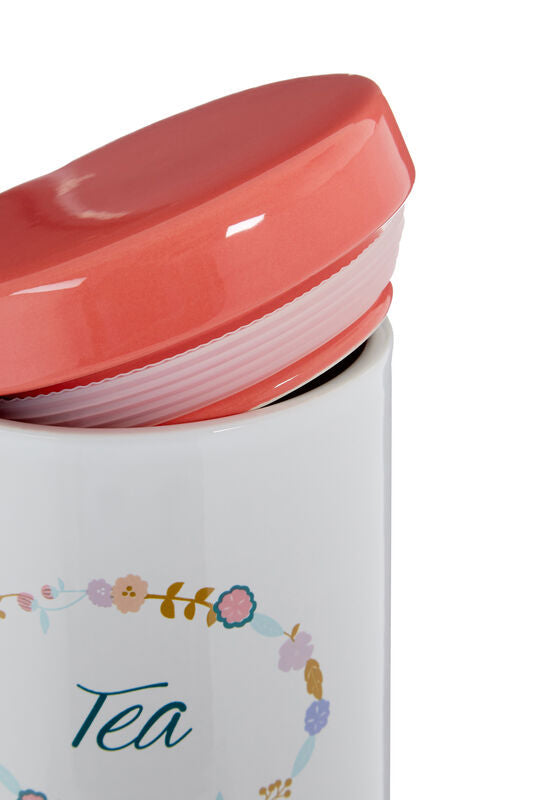 Amelie White Ceramic Tea Canister with Floral Pattern