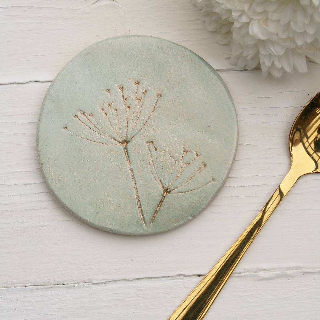 Juliet Reeves Green and Gold Wild Flower Ceramic Coasters Set of 4