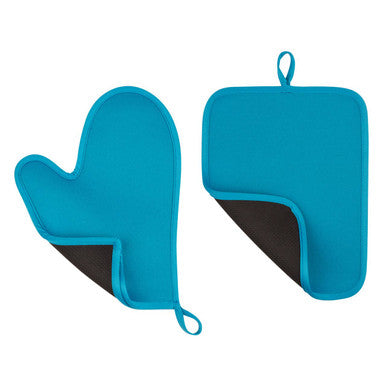 Blue Neoprene Oven Glove And Pot Holder Set