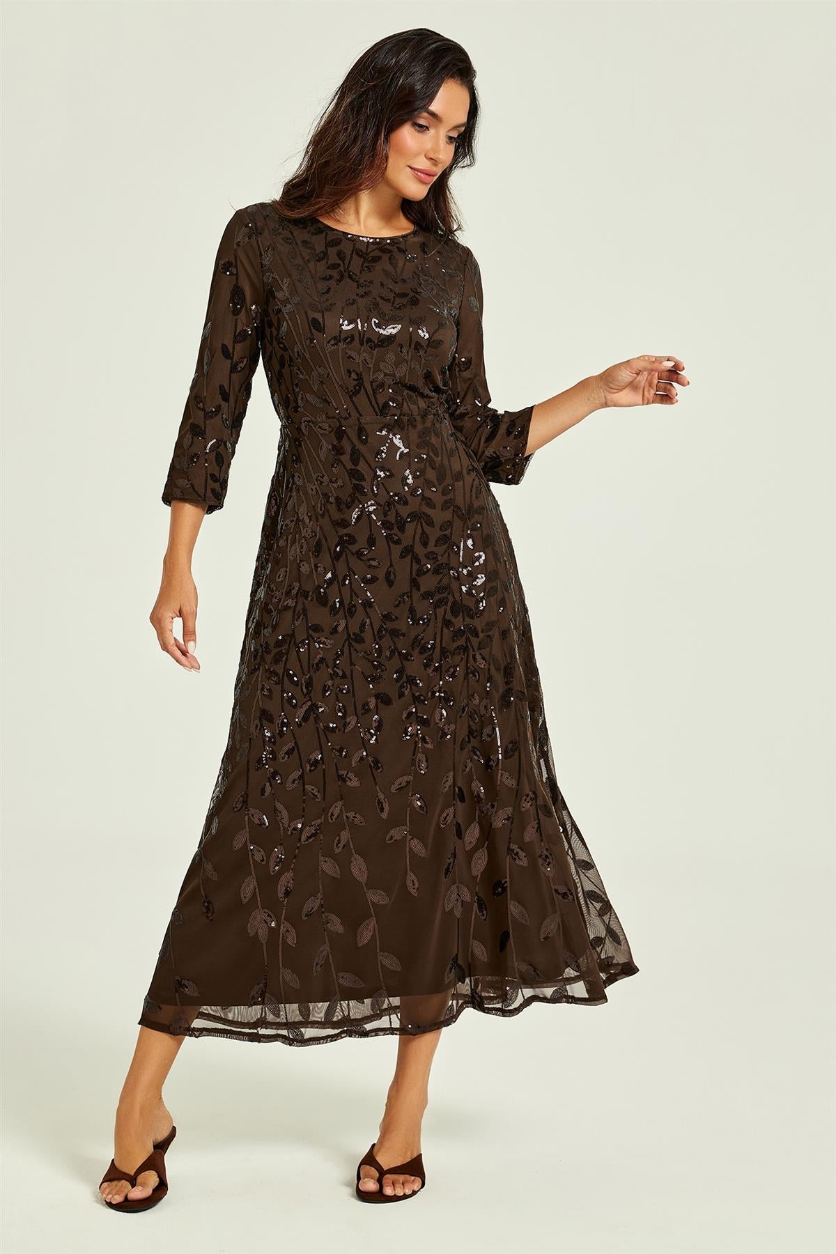 Sequin Leaf 3/4 Sleeve Bridesmaid Midi Dress In Brown
