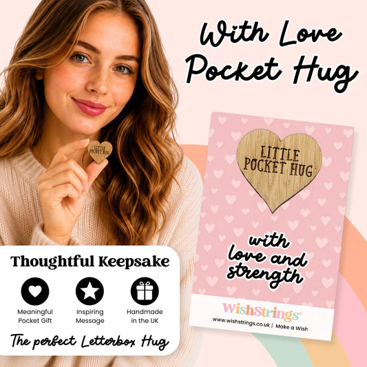 With Love and Strength Pocket Hug - Wooden Heart Support Gift | WishStrings
