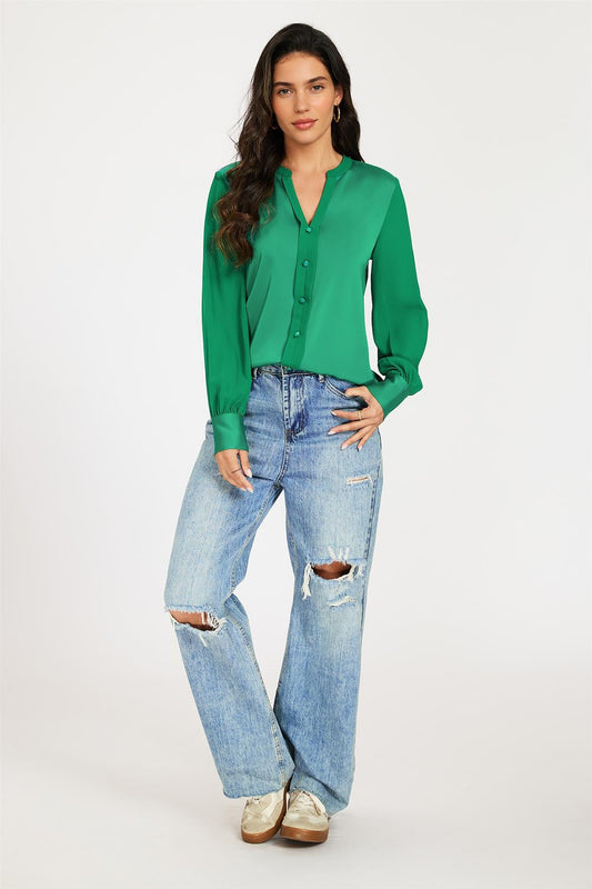 Long Sheer Sleeve Satin Notch Neck Blouse Top In Green