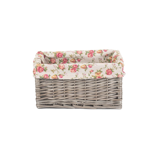Small Antique Wash Willow Storage Basket with Garden Rose Lining