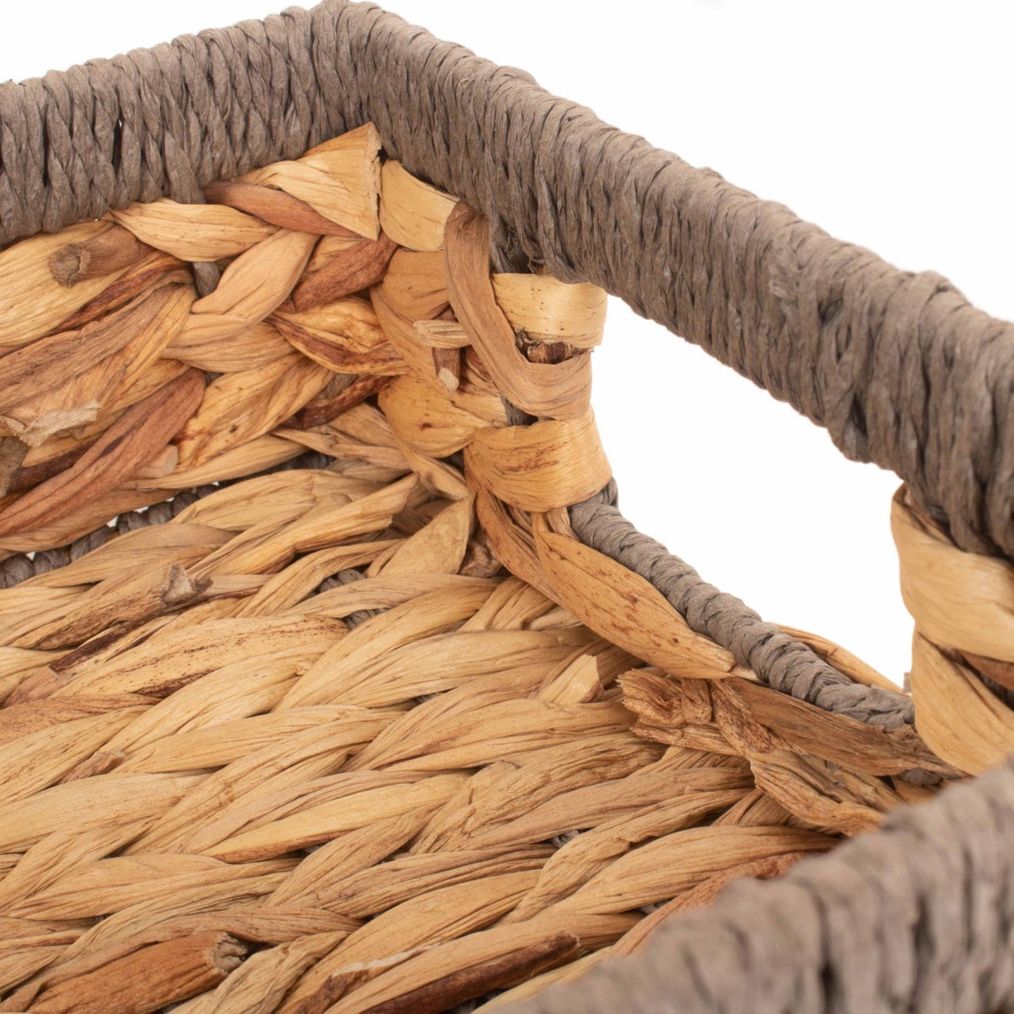 Small Shallow Rectangular Water Hyacinth Storage Tray Basket with Grey Rope Border