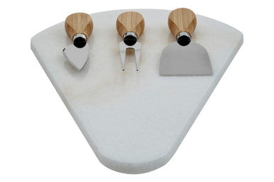 Kindia White Marble Triangular Cheese Board with 3 Knives