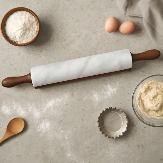 Kindia White Marble Rolling Pin With Wooden Stand