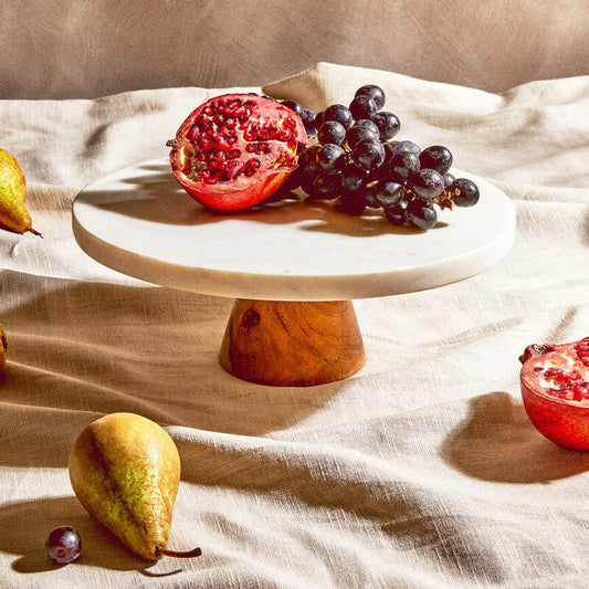 Monzaro Round White Marble And Acacia Wood Cake Stand