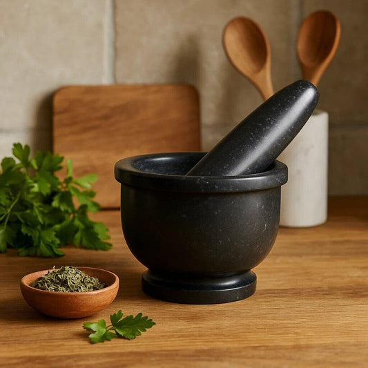 Marmore Black Marble Mortar And Pestle With Rim