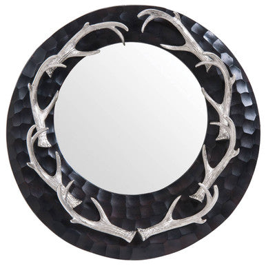 Antler Brown and Nickel Metal Wall Mirror with Eight Antler Frame