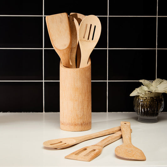 Aleki 6Pc Bamboo Kitchen Tool Set With Holder