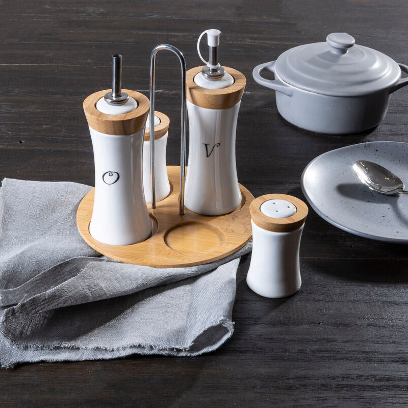 4 Piece Bamboo and Ceramic Condiment Set | Dela