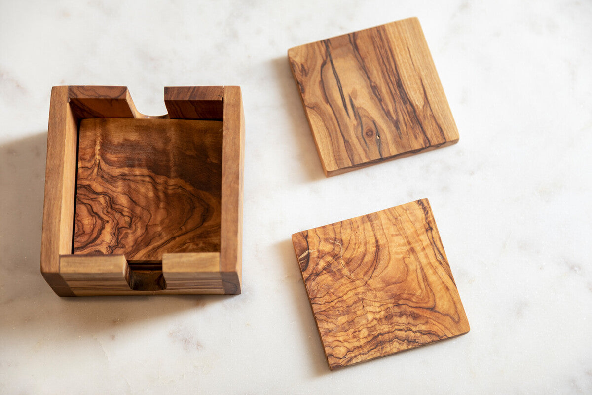 Kora Set Of 4 Olive Wood Square Coasters