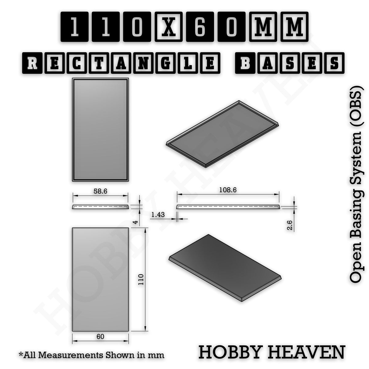 Rectangle Bases Medium Sizes - 75x30mm to 125x40mm and up to 100x90mm Wide - 3D Print Tabletop Games