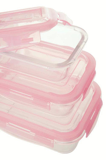 Freska Set Of 3 Rectangular Glass Containers with Pink Lids