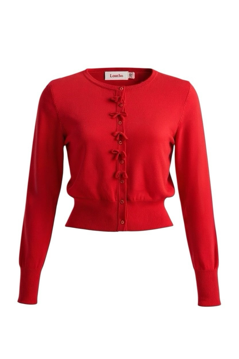Ives Bow Trimmed Cardigan - Red