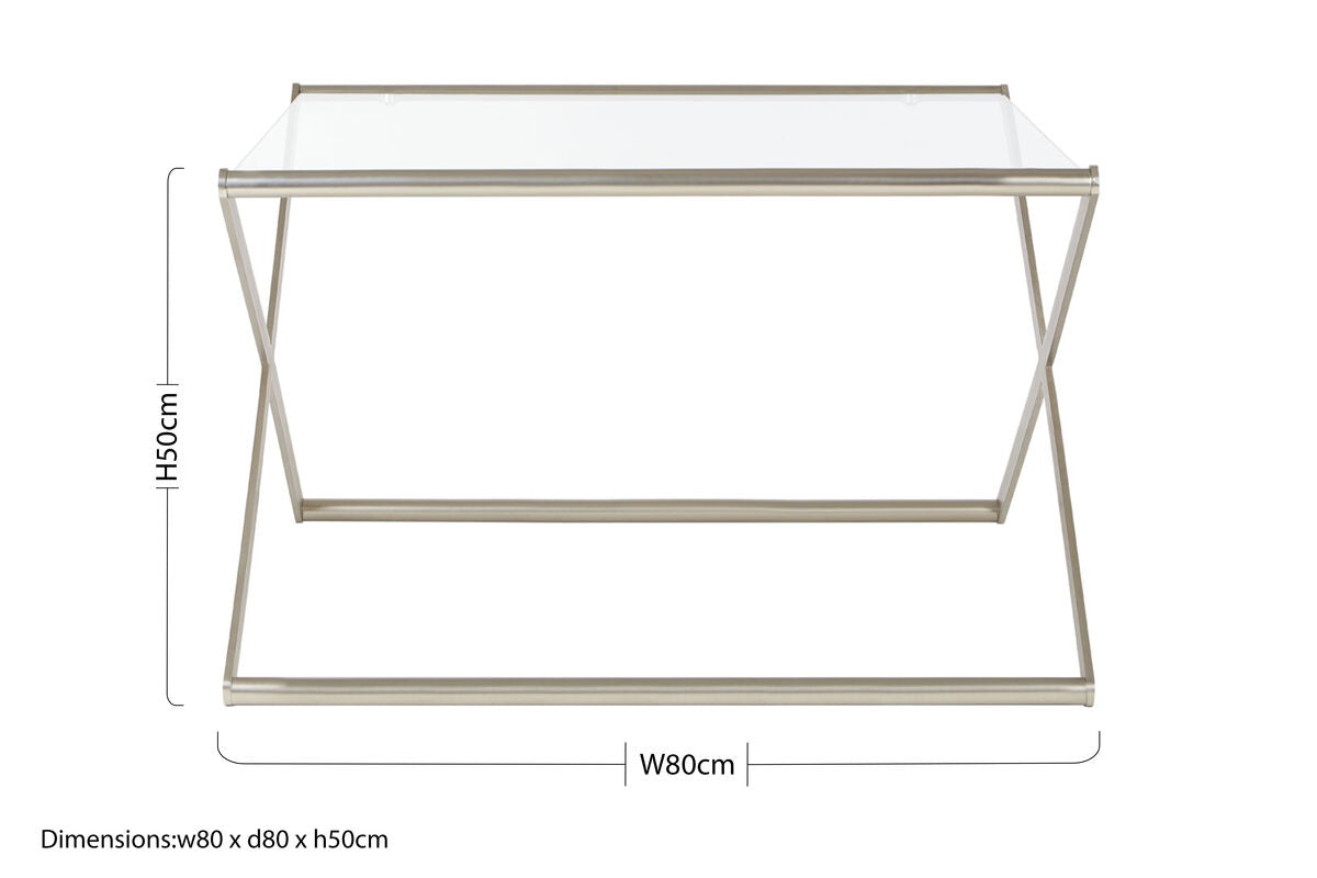 Tempered Glass Square Coffee Table with Criss Cross Satin Nickel Base | Roma