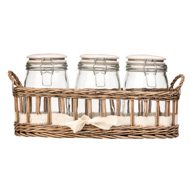 Set of 3 Glass Jars in a Basket | Country Cottage