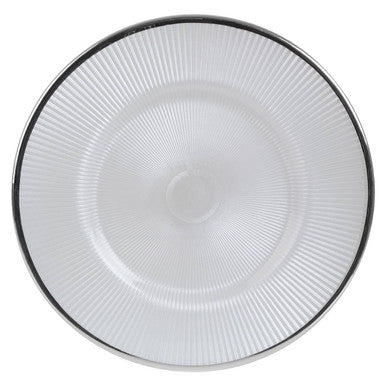 White Embossed Glass Dinner Plate with Silver Rim | Ida