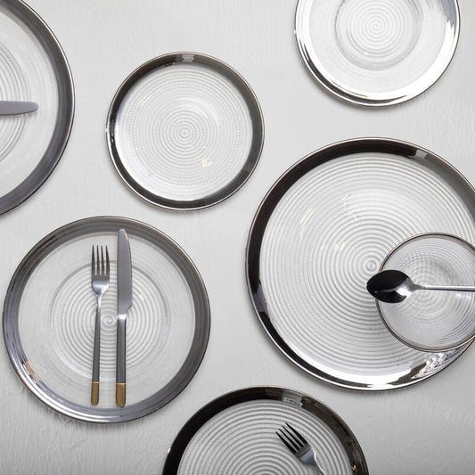 Ida Embossed Glass Coupe Dinner Plate with Silver Rim