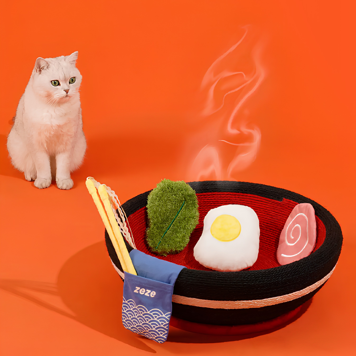 zeze Big Ramen Bowl Cat Scratcher — 48 cm Rope Bowl with Plush Toppings