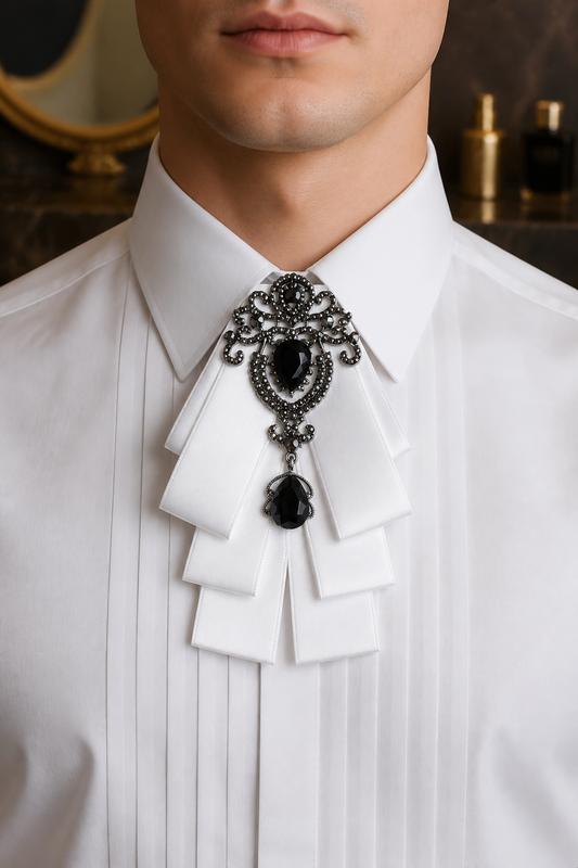 Ornate Black Gem & White Ribbon Bow Tie Brooch