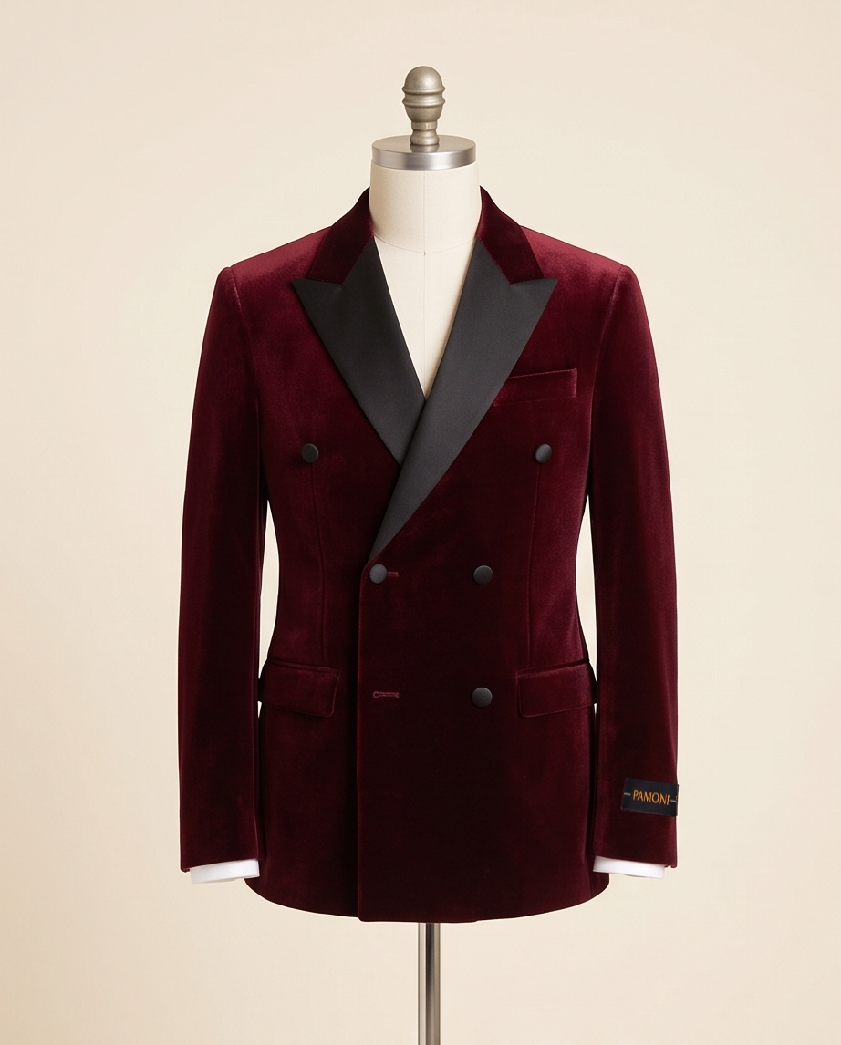 Burgundy Double Breasted Velvet Tuxedo Blazer