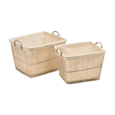 Rustic Rattan/Bamboo White Washed Set Of 2 Storage Baskets