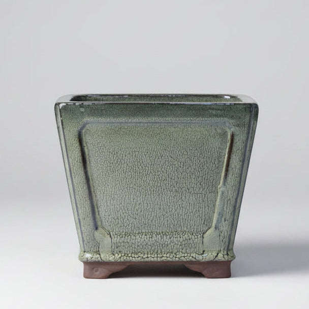 19cm Glazed Cascade Bonsai Pot | Square | 19cm x 19cm x 16cm | Olive Green