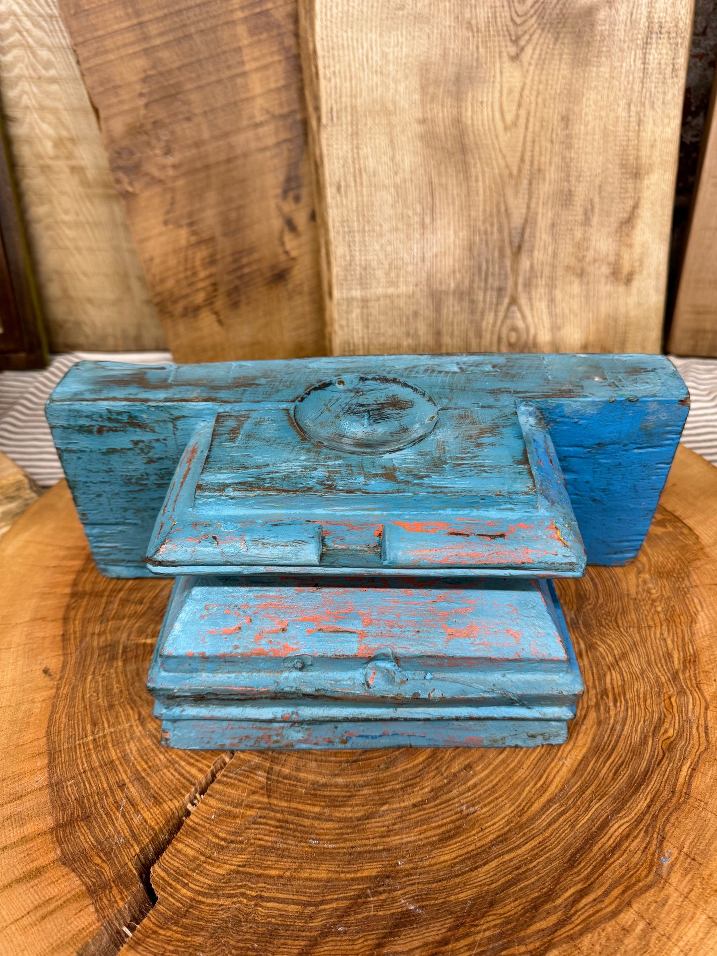 Rustic Church Candle Holder / Indian Pillar Base Holder / Farmhouse Decor Blue