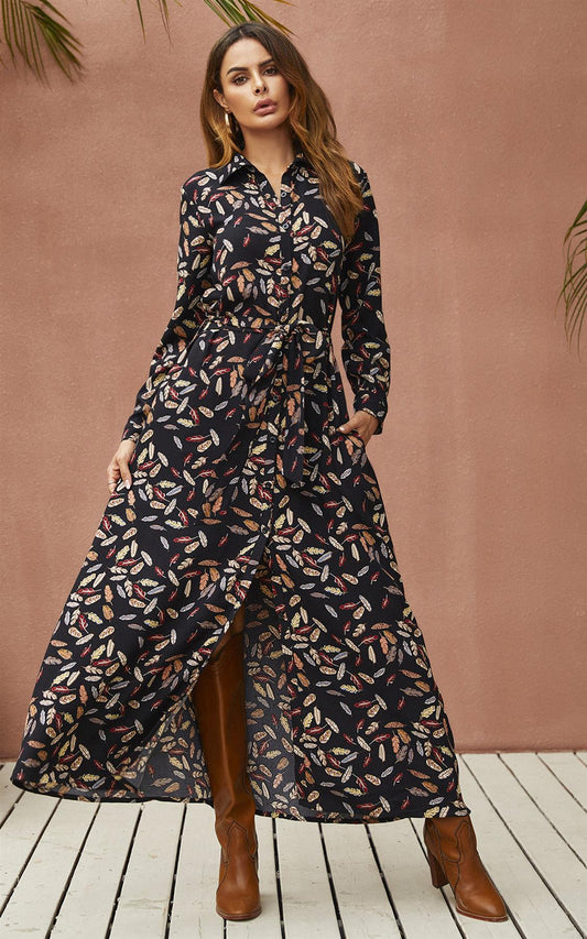 Leaf Print Black Shirt Dress With Tie Waist + Free Gold Stretch Leaf Belt