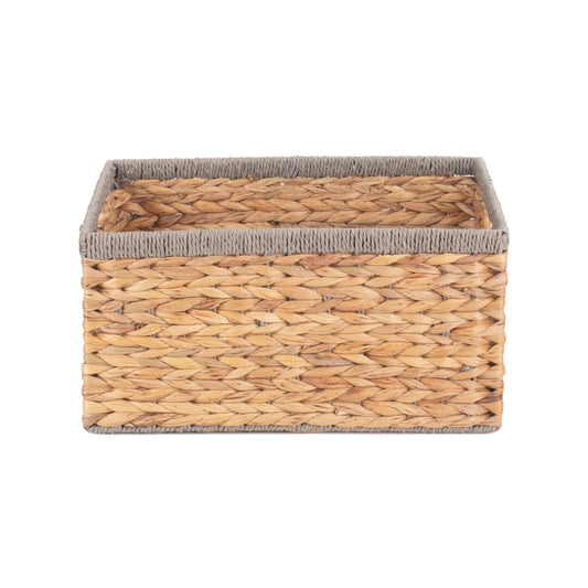 Medium Rectangular Water Hyacinth Storage Basket with Grey Rope Border