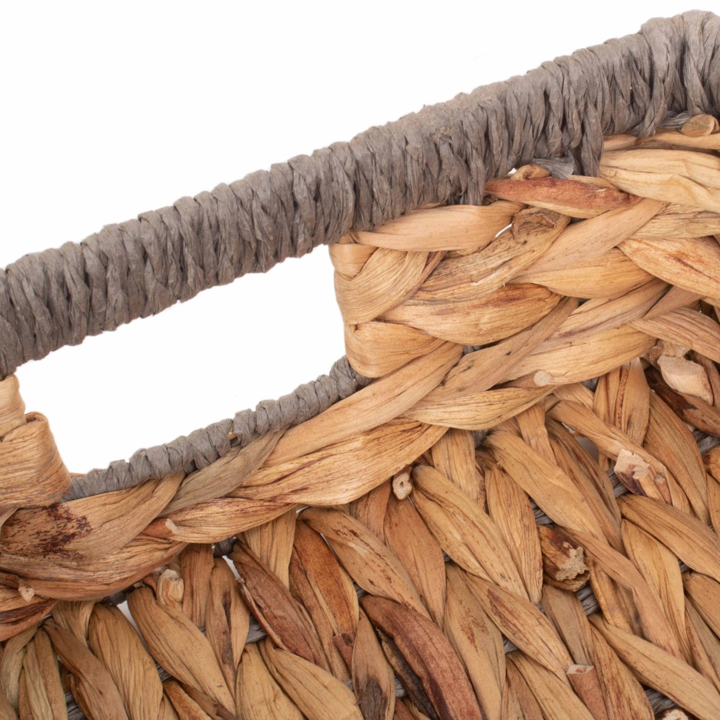 Medium Shallow Rectangular Water Hyacinth Storage Tray Basket with Grey Rope Border