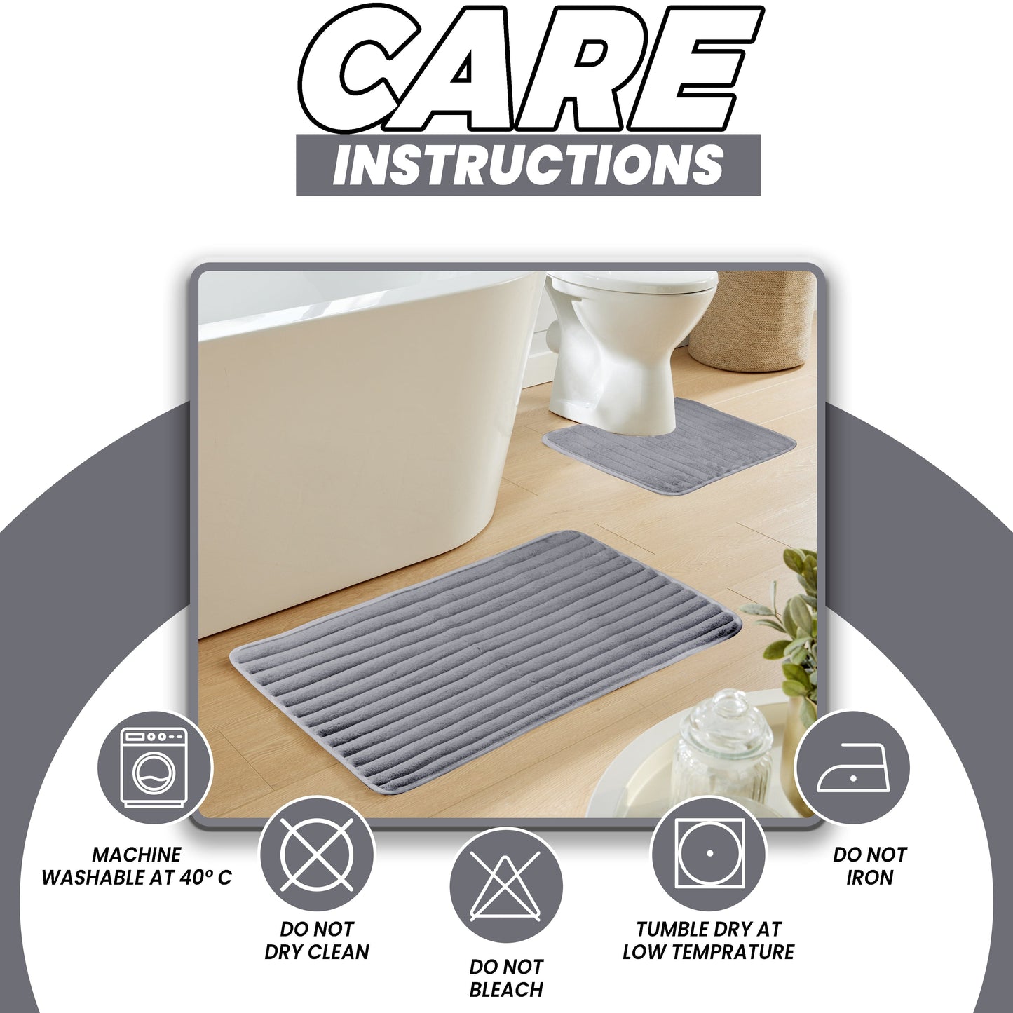 2 Piece Ribbed Bath Mat Set in Charcoal Extra Soft Non Slip Super Absorbent Bathroom & Toilet Mats Easy Care Rug by OLIVIA ROCCO