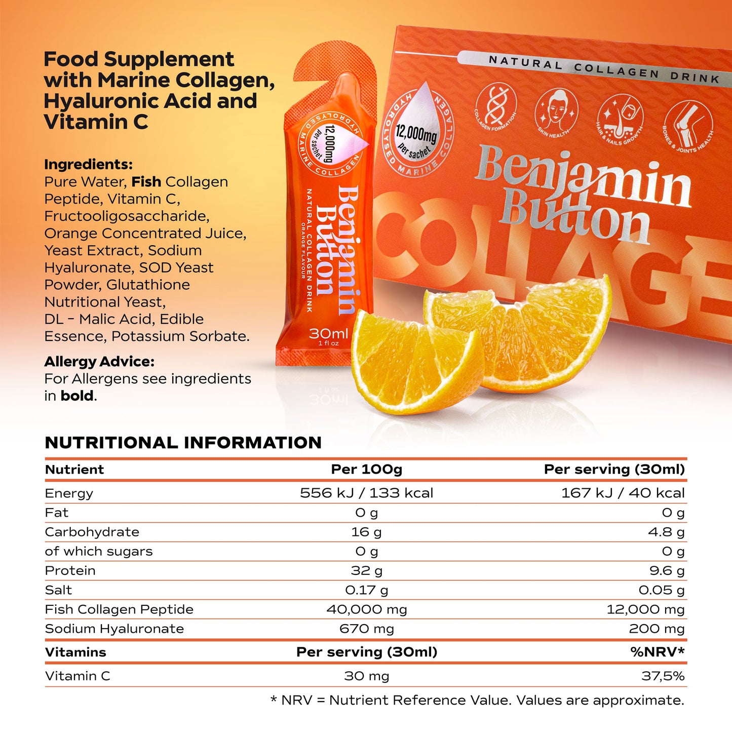 Benjamin Button 12,000mg Marine Collagen Drink - Orange Liquid Sachets