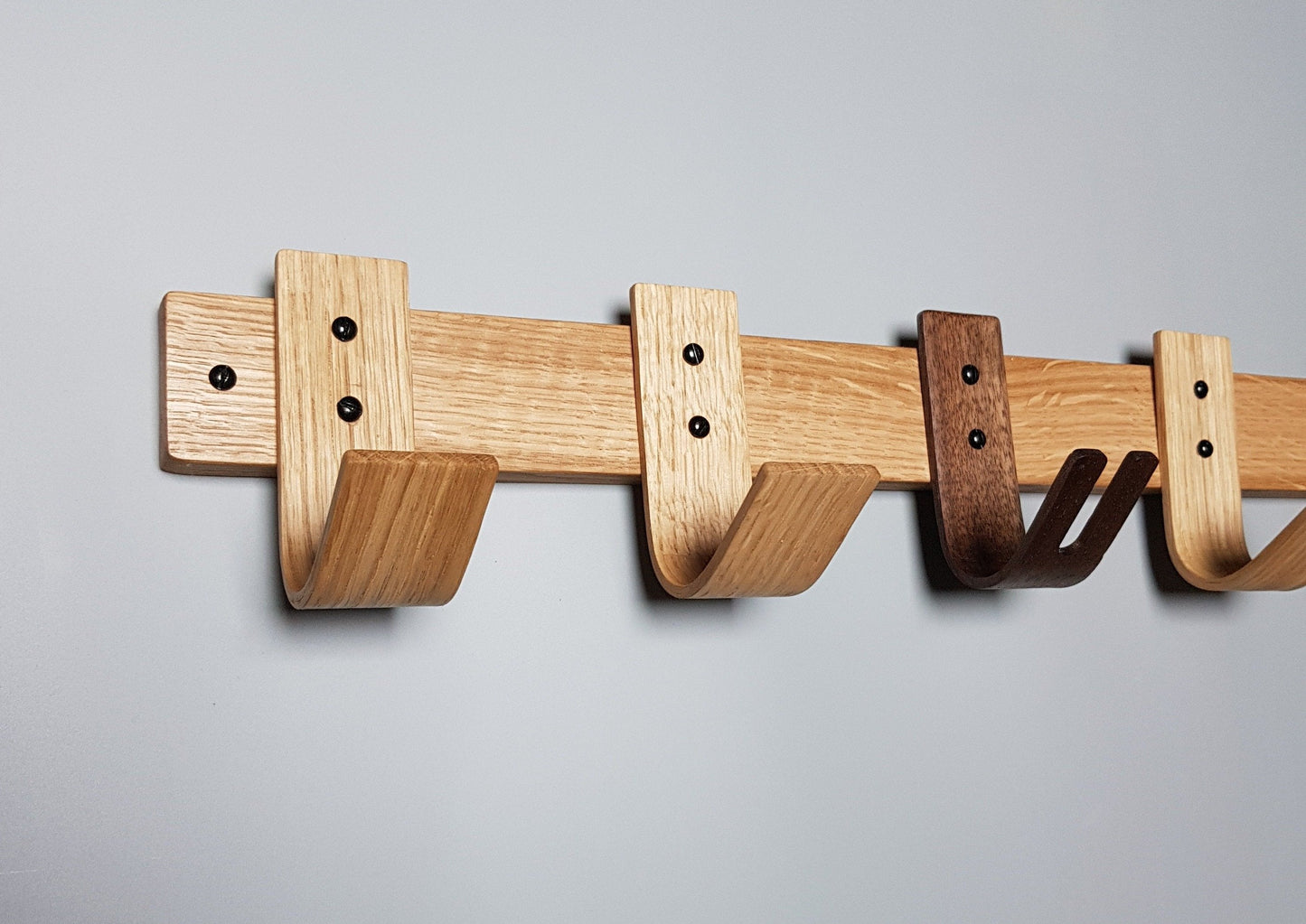 Designer Oak & Walnut Coat Rack with Key Storage - 5 Hooks