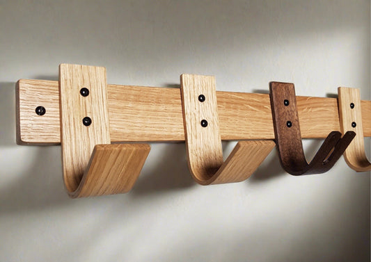 Designer Oak & Walnut Coat Rack with Key Storage - 5 Hooks