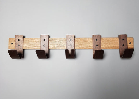 Designer Oak & Walnut Coat Rack with Key Storage - 5 Hooks