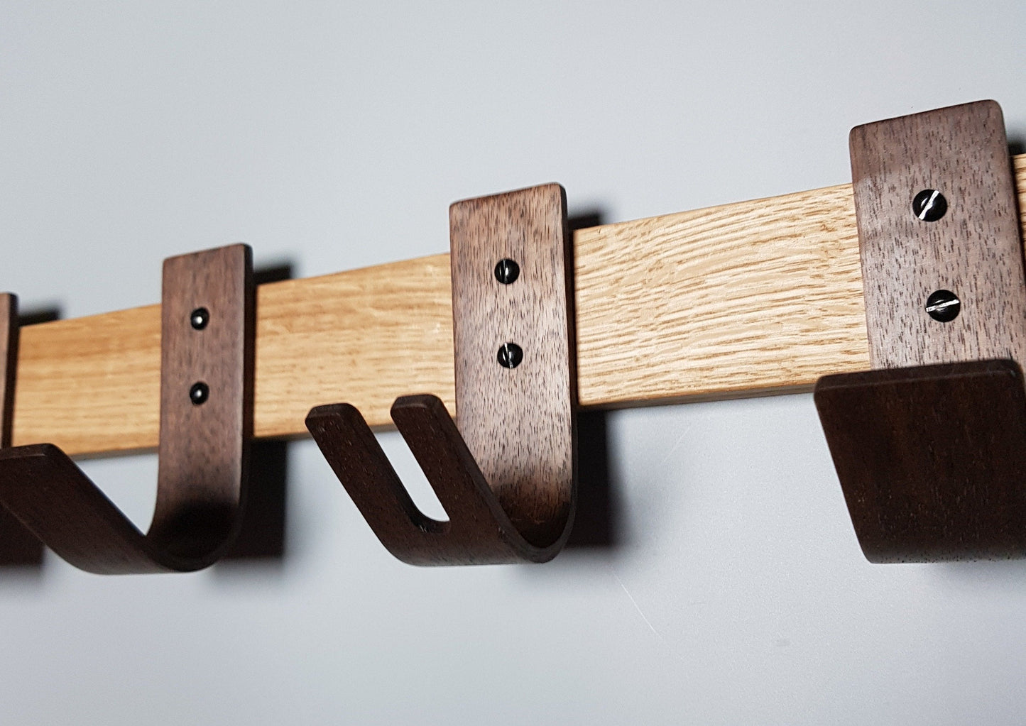 Designer Oak & Walnut Coat Rack with Key Storage - 5 Hooks