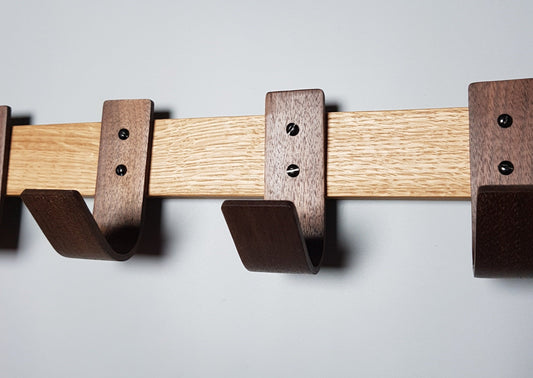 Designer Oak Coat Rack with Walnut Hooks - 5 Hook Wall Mount