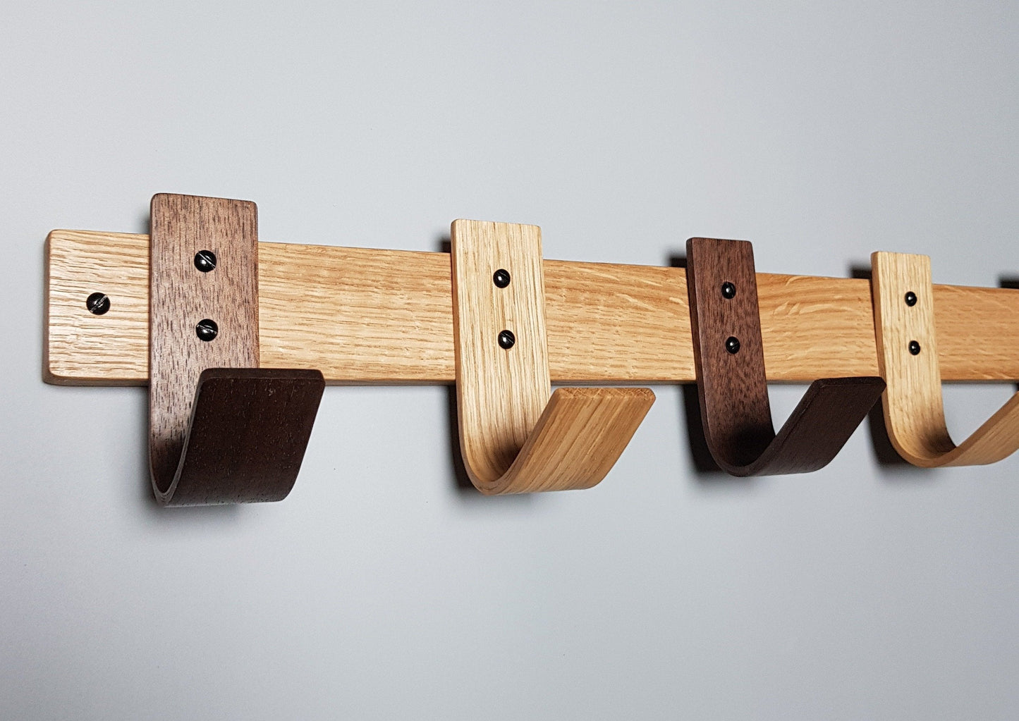 Designer Mixed Oak & Walnut Coat Rack - 5 Hook Wall Mount