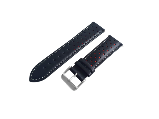 Black And Red Leather Rally Watch Strap, Silver Buckle