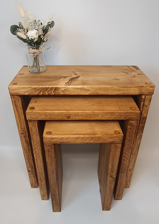 Set of 3 Solid Wood Rustic Nest Of Tables with Timber Legs | Tribe Joinery