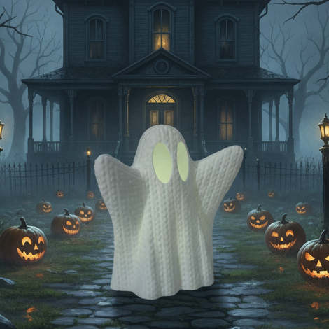 Knitted Style Halloween Ghost LED Tea Light Holder | Cosy Autumn Home Décor | Safe LED Candle Ornament