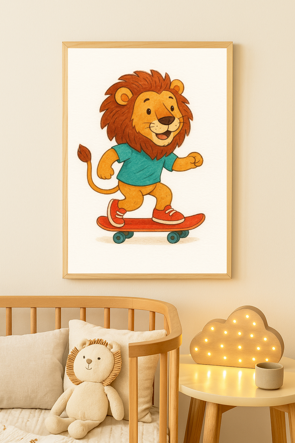 Cool Lion on a Skateboard – Fun Nursery Wall Art Print