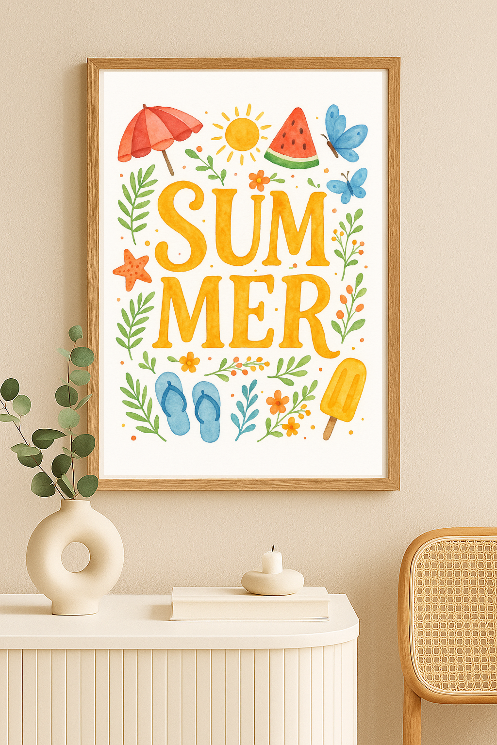 Bright Summer Wall Art Print – Watercolour Flip-Flops, Popsicle & Flowers Kids Room Decor